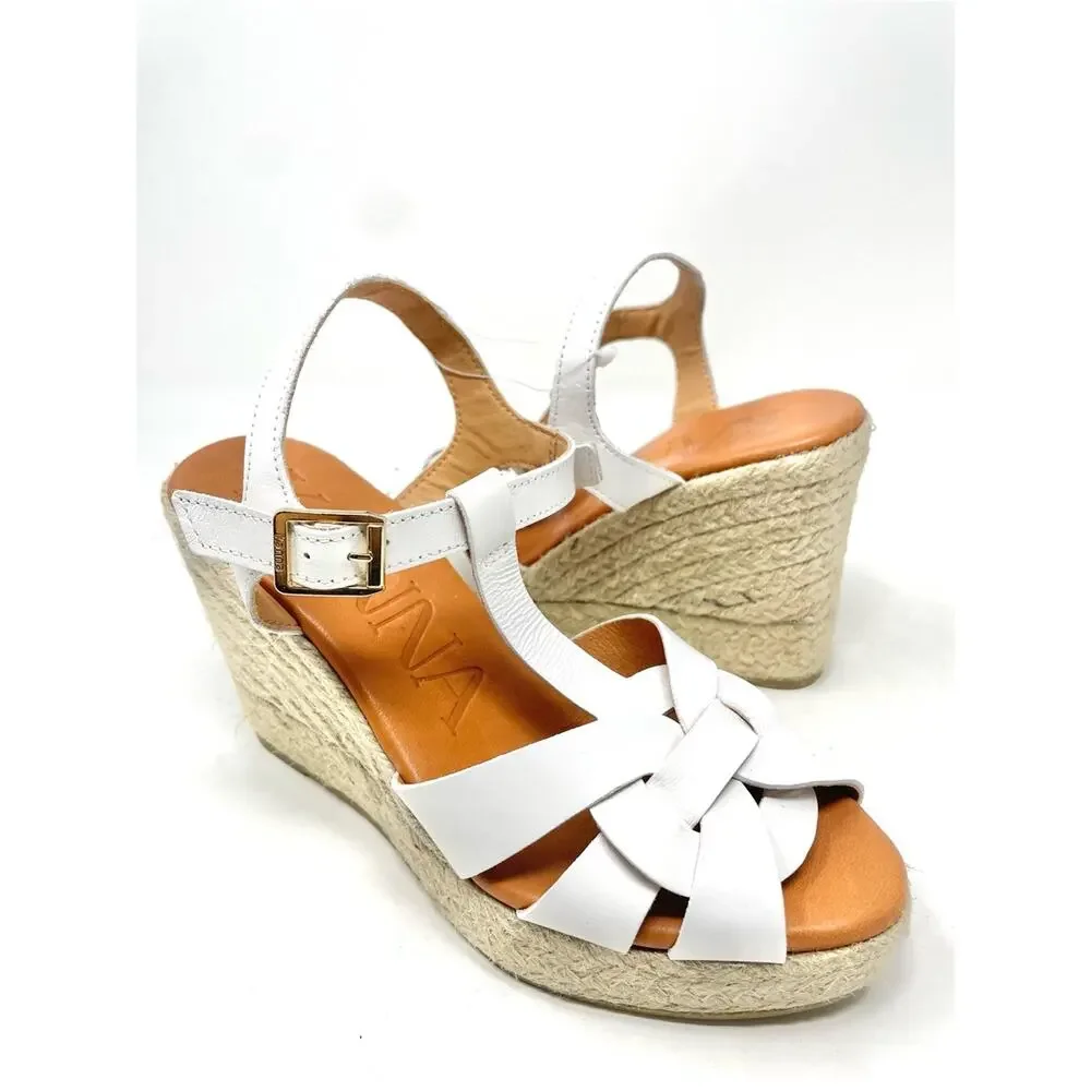 NEW KANNA Made In Spain White Leather Espadrille Wedge Sandals Size 6, EU 36